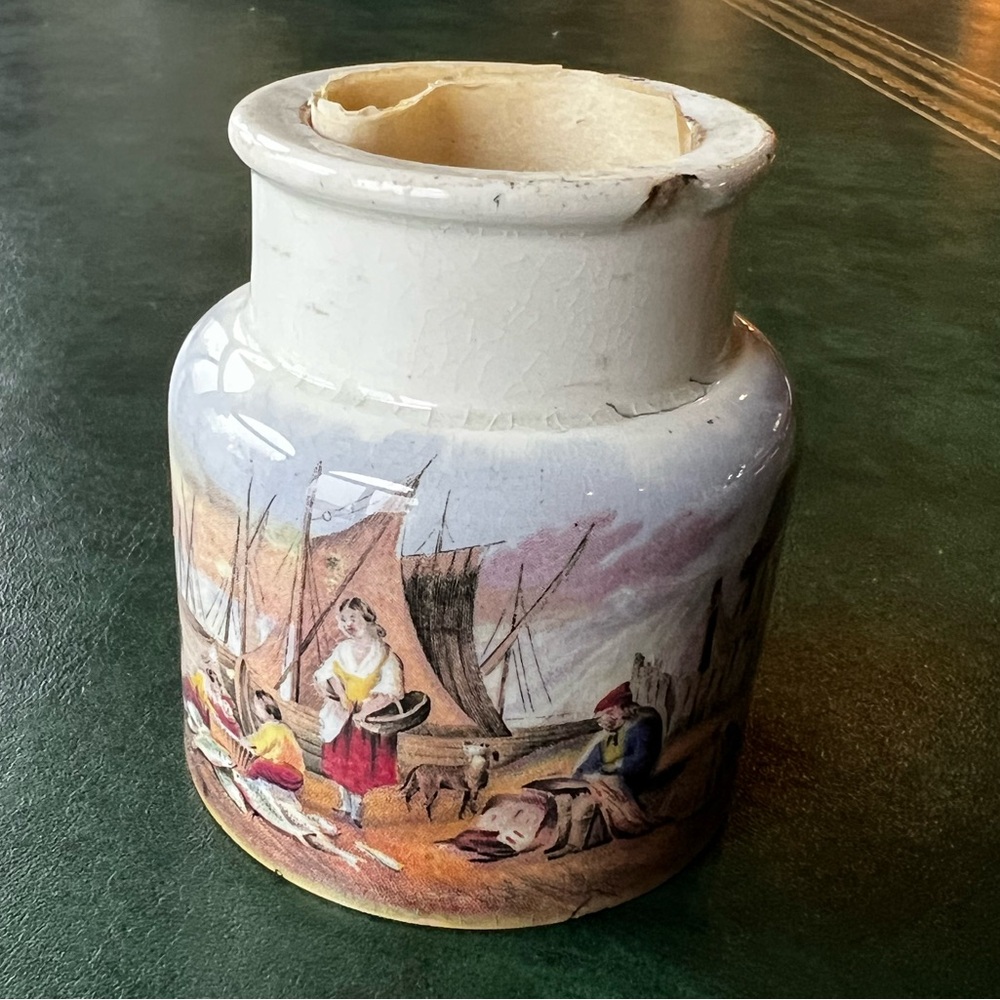 Antique Vintage 1800s English Ceramic Prattware Fish Paste Jar